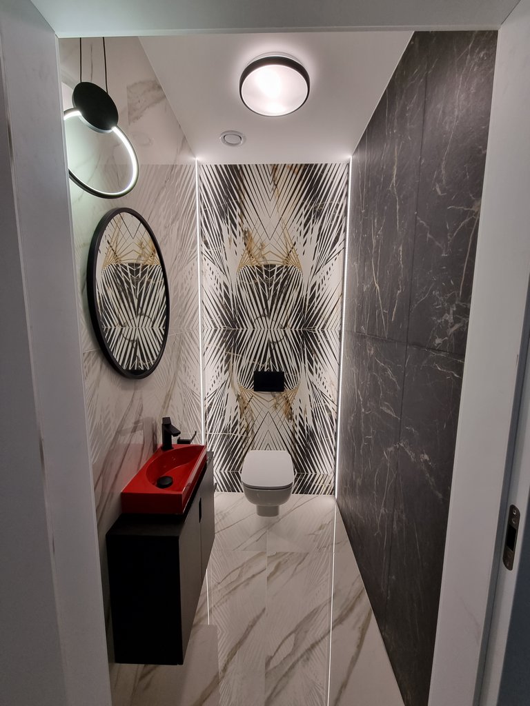 Nowoczesna toaleta z czerwoną umywalką